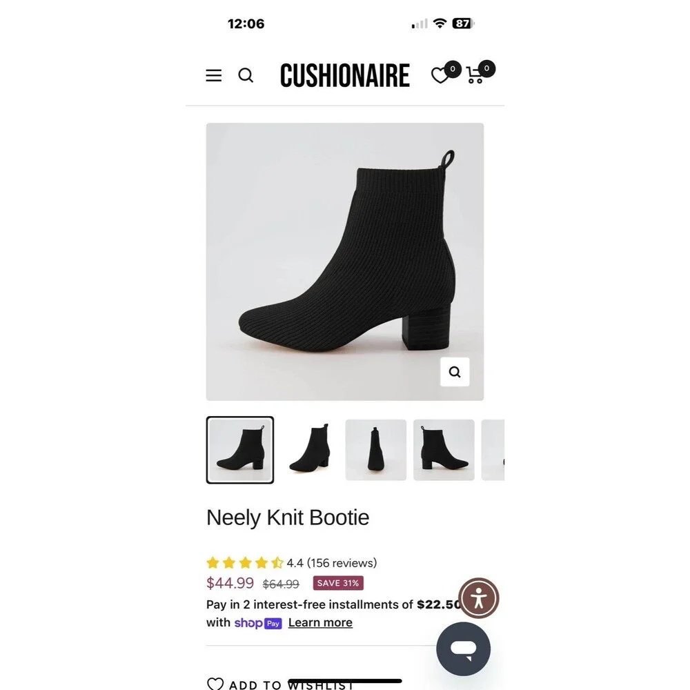 Cushionaire Neely Knit Bootie Sz. 6.5 Black